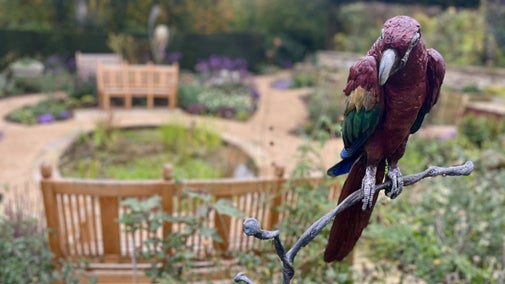 A parrot sculpture in the autumn colours of the Iris Garden